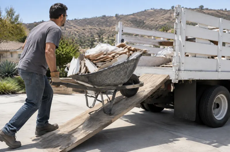 Worker wheeling a load of drywall and scrap up a plank ramp into a stake-bed truck