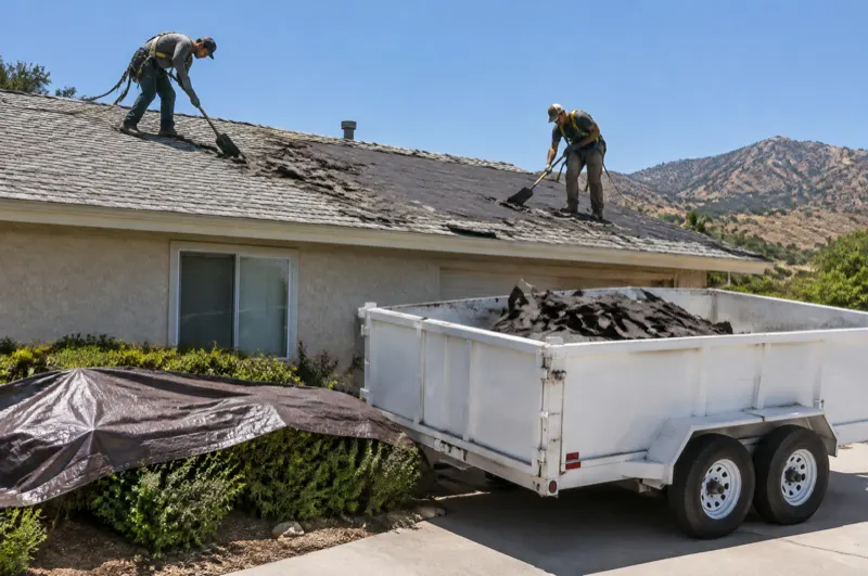 Two roofers tearing off old shingles above a white dump trailer half full of shingle debris